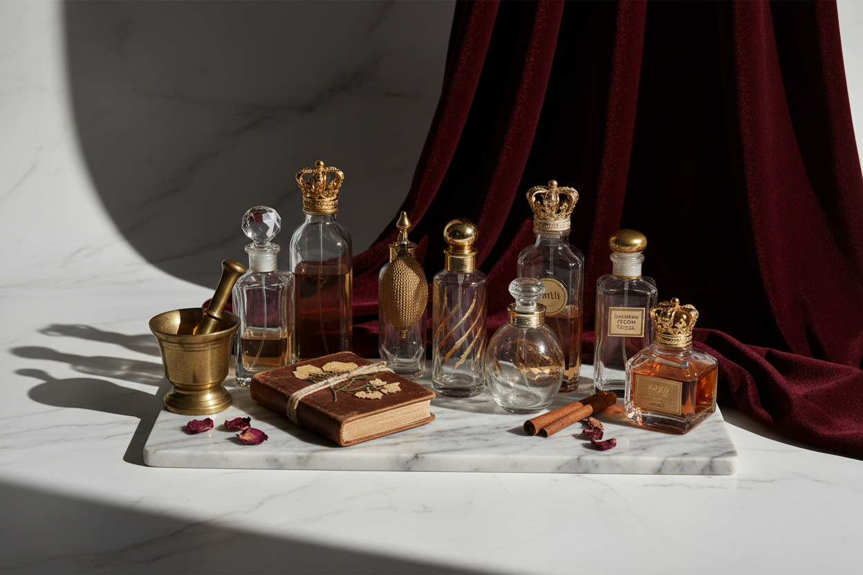 realistic stock image for a perfume e-com website for the section: our story begins, history of perfumes, in the color scheme white, maroon, gold and black