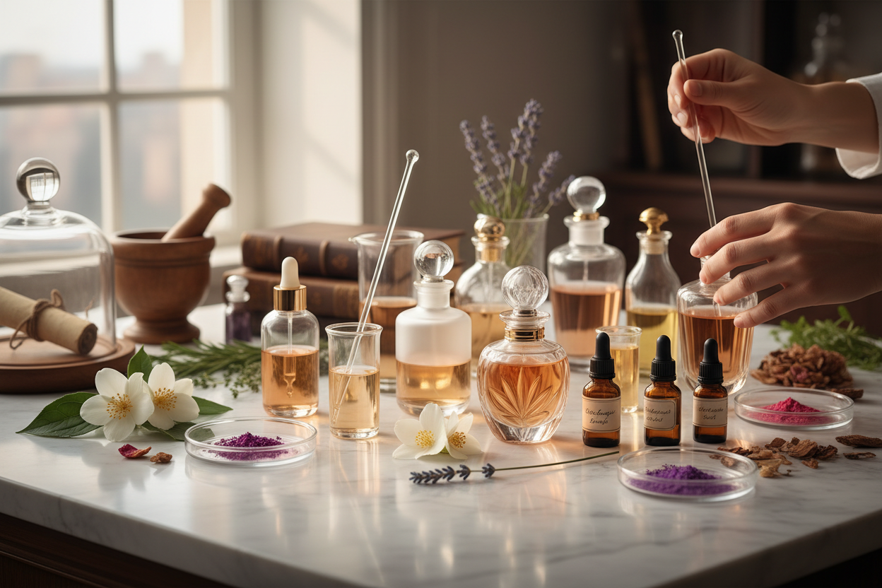 realistic stock image for a perfumery e-com site section depicting: artistry