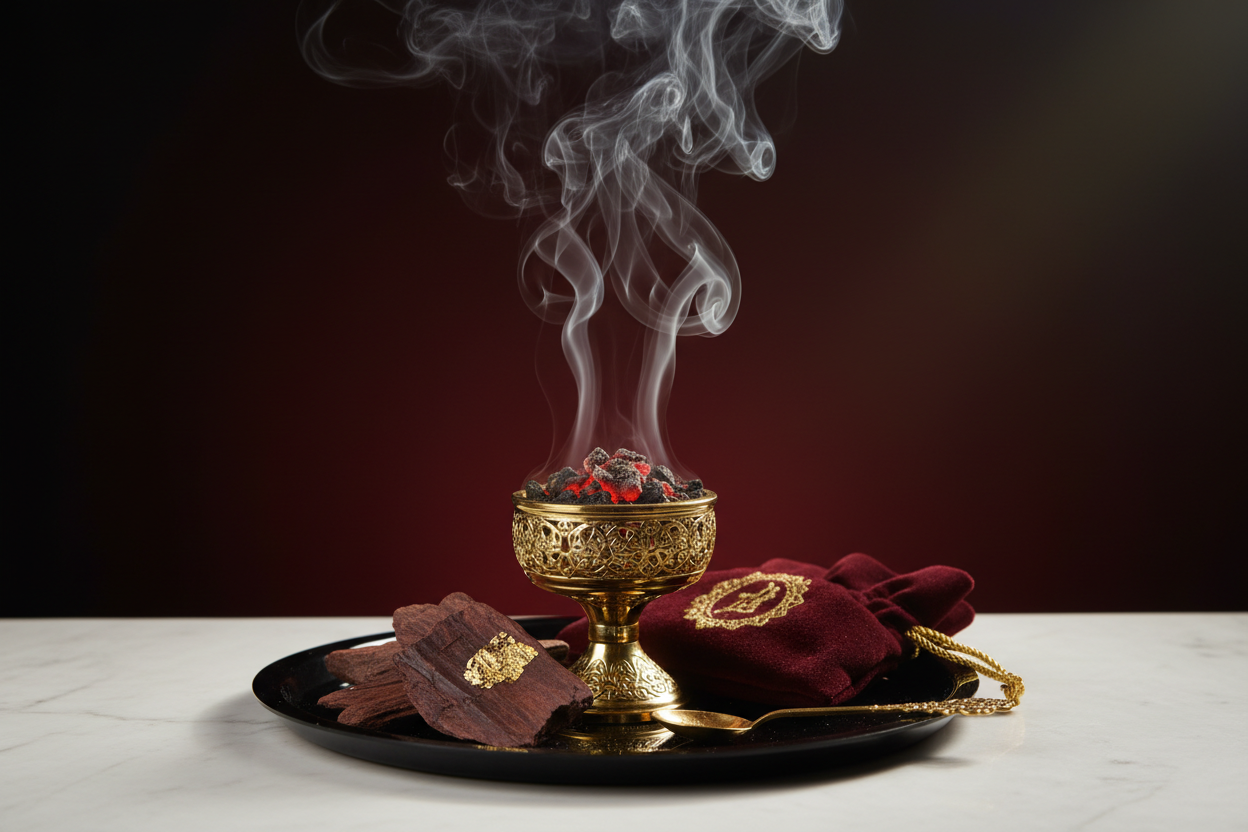 sotck image of bakhoor for my e-com perfume website in maroon, gold, white and black